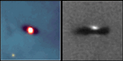 Twin images of protoplanetary  disk. On the left side is a image taken of the Orion Nebula from above.  On the right side is an image of the Orion Nebula taken edge-on.