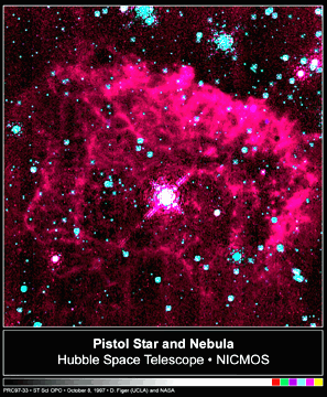 The Pistol Star and Nebula image taken by Hubble Space Telescope and NICMOS. The star is the white dot in the middle of the image field.