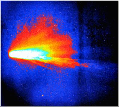 This image of Halley's Comet was taken during its 1986 appearance, it is a false-color digital enhancement of Comet Halley.