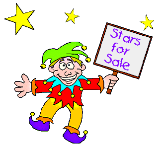 Cartoon joker holding sign that says stars for sale.
