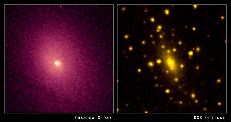Composite image showing large cloud of hot gas as determined by the Chandra Observatory X-ray observation and the 
smaller visible galaxies comprising the cluster which are embedded the the cloud (as imaged by the Digital Sky Survey)