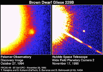 Visible light images of brown dwarf in binary system
as detected by Palomar Observatory and Hubble space Telescope