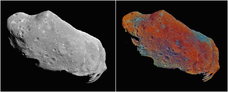 Twin image of Asteroid Ida. On the left is an actual image of the asteroid taken by NASA's Galileo satellite. On 
the right side of the image is false color version of the same image.