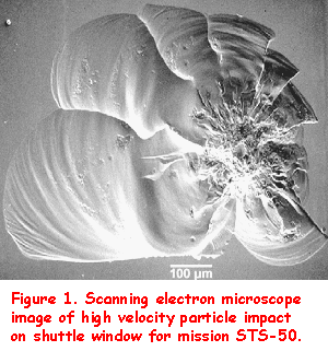 Image labeled: Figure 1. Scanning electron microscope image of high velocity particle impact on shuttle window for mission STS-50.