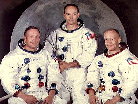 The Apollo 11 crew consisted of (from left to right) the mission commander (and first man on the Moon) Neil Armstrong, command module pilot Michael Collins, and lunar module pilot, Edwin (Buzz) Aldrin Jr.