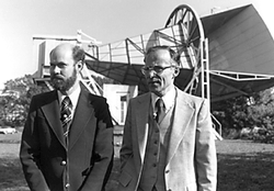 photograph of Penzias and Wilson in front of their radio telescope