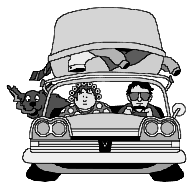 Cartoon family in car on vacation.
