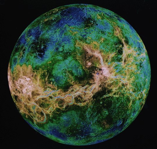 Imagen de la superficie de Venus compuesta por un mosaico de imagenes de radar tomadas por la sonda espacial Magellanes
