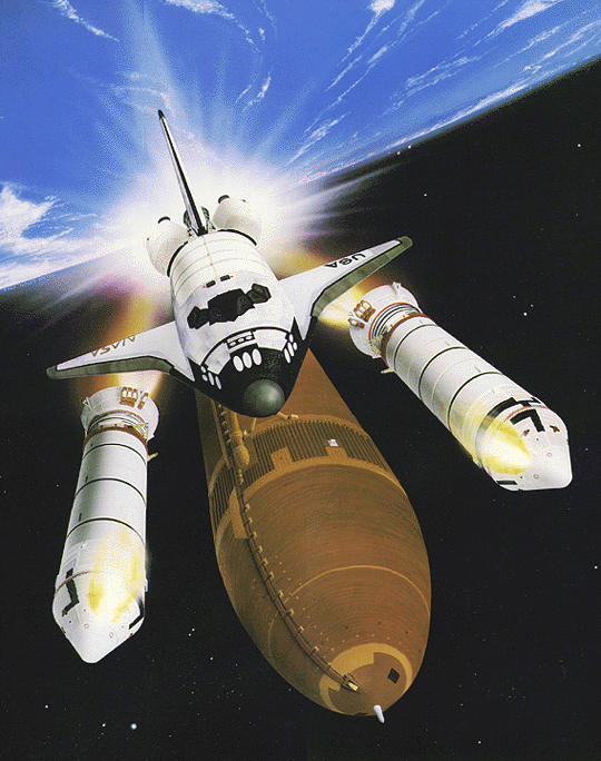 Imagen artística de la separación de los propulsores de combustible sólido del Transbordador Espacial