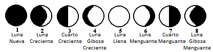 Fases de la Luna desde Luna Llena a Luna Nueva. Se presentan ocho fases de la Luna.