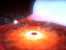 artist's depiction of binary system XTE J1650-500 - the small black hole is in the
center of the orange accretion disk in the foreground; the giant blue-white companion star in the
background loses material to the black hole, creating the accretion disk